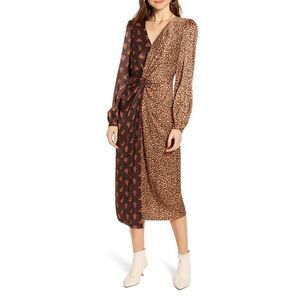 Something Navy Brown Leopard Floral Mixed Print Twist Wrap Dress M
